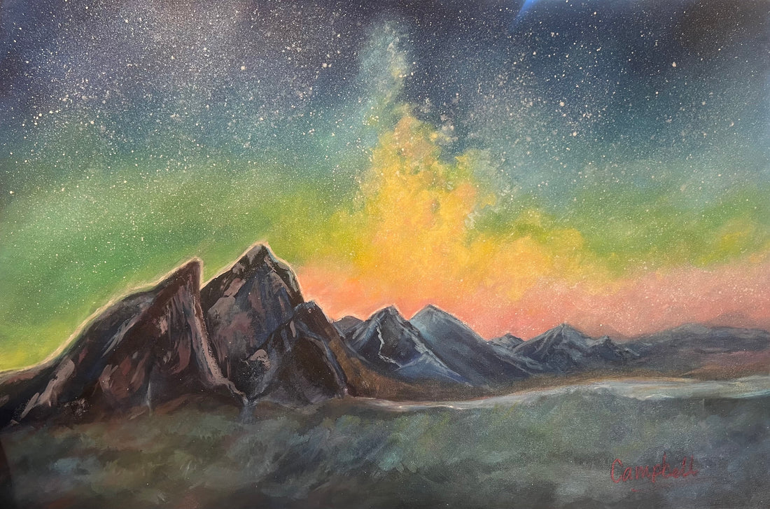 Oil painting of a mountainous landscape at night with spectacular lights and colors in the night sky under a blanket of stars